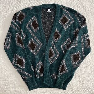 XSTATX Vintage 80s Cardigan Sweater USA Geometric Graphic Teal XL